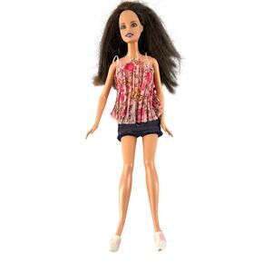 1999 Mattel Barbie Doll Brunette Purple Lips Floral Top Denim Skirt Pink Shoes
